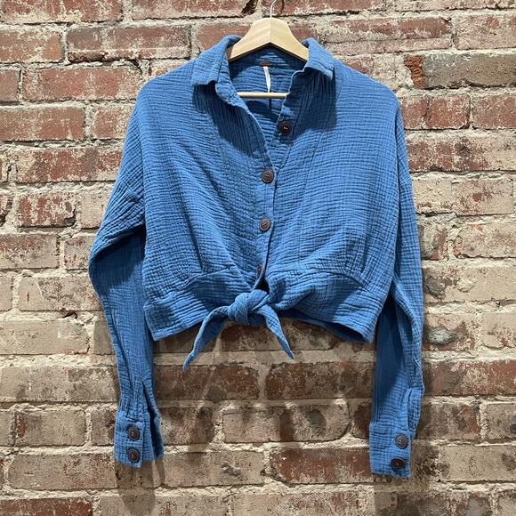 Free People Sunstreaks Tie Button Blouse Top Blue Size XS - Picture 4 of 7